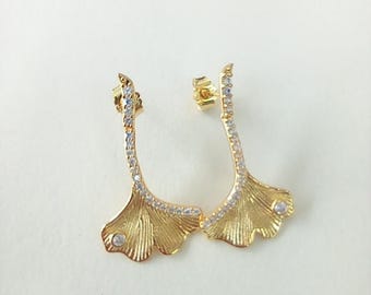 pandora 925 silver gingko leaf drop dangle earrings clear cz