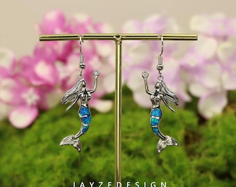 Mermaid's Moonlight Studs, Blue Opal Tail Earrings, Ethereal Ocean Jewelry, Minimalist Sea Fantasy Gift