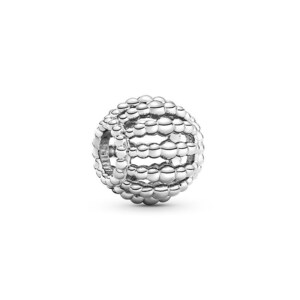 May include: A silver-colored bead charm with a textured, bubble-like design. The charm is spherical with a hollowed-out center and is likely made of sterling silver. The bead is designed to be used with a bracelet or necklace.