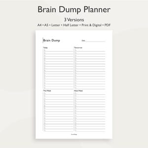 Könnte beinhalten: Ein weißer Brain Dump Planer mit dem Titel oben. Der Planer enthält Abschnitte für Heute, Morgen, Diese Woche und Nächste Woche, mit Kontrollkästchen für jeden Eintrag. Erhältlich in A4, A5, Letter und Half Letter, als Druck und digital.