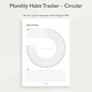 以下が含まれることがあります： 円形のデザインの白い印刷可能な習慣トラッカー。トラッカーには、習慣、毎日の進捗状況を追跡するための円形グリッド、メモ用のスペースが含まれています。上部のテキストは「Monthly Habit Tracker - Circular」と表示されています。