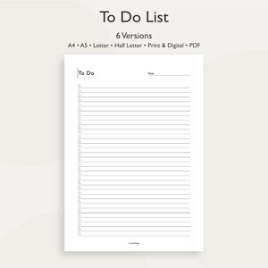 Könnte beinhalten: Ein weißes To-Do-Listen-Druckdokument mit dem Titel "To Do List" oben. Die Liste hat eine Reihe von Kontrollkästchen und Zeilen zum Schreiben von Aufgaben. Das Dokument ist in 6 Versionen erhältlich, darunter A4, A5, Letter und Half Letter.
