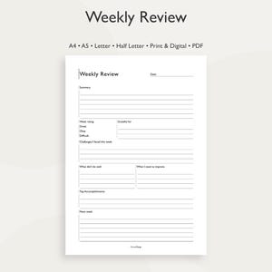 Könnte beinhalten: Eine weiße, druckbare Wochenübersichtsvorlage mit dem Titel "Weekly Review" oben. Die Vorlage enthält Abschnitte für Zusammenfassung, Wochenbewertung und Top-Erfolge. Das Dokument ist in den Formaten A4, A5, Letter und Half Letter verfügbar.