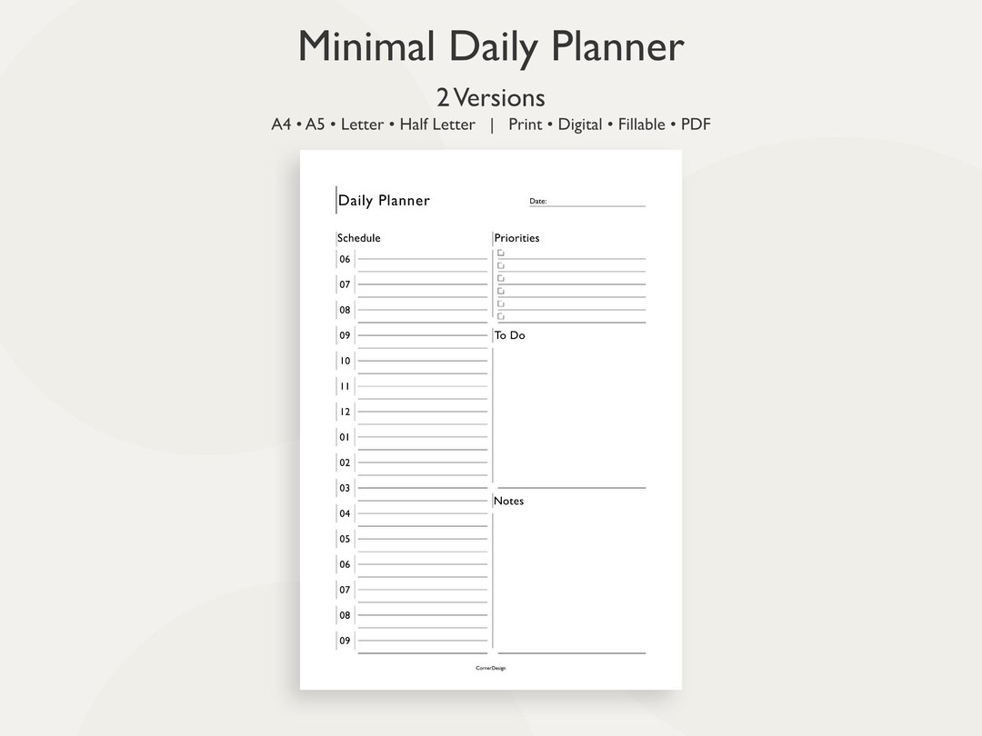 Daily Planner – Printable & Fillable PDF | Minimal Daily Planner| A4 ...