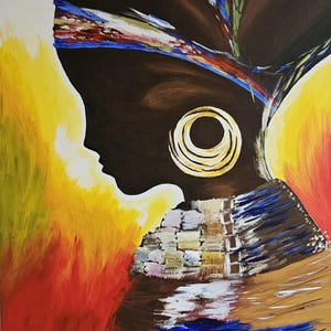 May include: An abstract painting featuring a profile of a person with dark skin, wearing a large gold earring. The background has a gradient of yellow, orange, and red hues. The person's head is adorned with colorful accents.