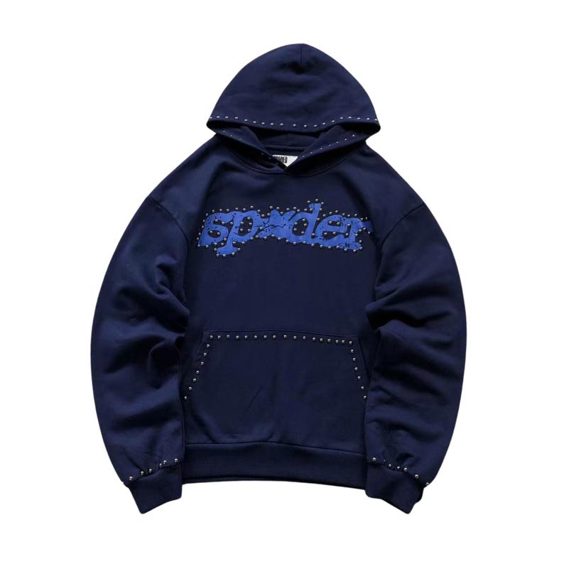 May include: Navy blue hoodie with the word "spyder" in blue, studded with silver rivets. The hoodie has a drawstring hood and a front pocket. The cuffs and hood are also studded with silver rivets. A casual, comfortable garment.