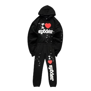 "Black hoodie and jogger set featuring a bold graphic design with 'I ❤️ spider' text, white star accents, and a subtle spiderweb pattern. Matching casual loungewear with elastic cuffs and a drawstring waist."