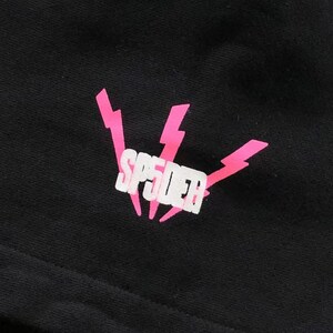 May include: Black fabric with a pink and white graphic. The graphic features the word "SP5DER" in white block letters, framed by three pink lightning bolts.
