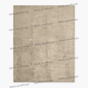 May include: Beige rectangular rug with an abstract design. The rug features raised, curved shapes in a lighter shade of beige, creating a textured effect. The words "BibiLaneRugs" are printed repeatedly across the rug.