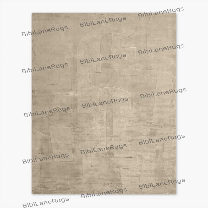 May include: Beige rectangular rug with an abstract design. The rug features raised, curved shapes in a lighter shade of beige, creating a textured effect. The words "BibiLaneRugs" are printed repeatedly across the rug.