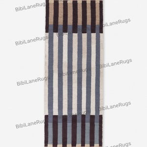 May include: A rectangular rug with vertical stripes in shades of beige, blue, and brown. The rug features a repeating pattern of varying widths, creating a textured appearance. The rug is suitable for a hallway or entryway.
