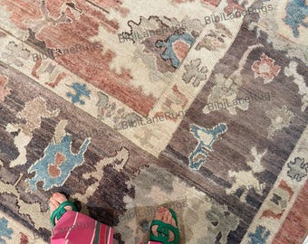 Large Oushak Rug 12x15, Brown Beige Blue Charcoal Area Rug, Hand Knotted for Living Room