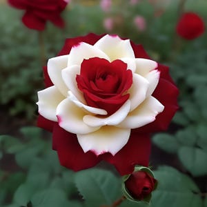 May include: A close-up of a vibrant rose with a striking color contrast. The petals transition from a deep red at the edges to creamy white in the center, creating a beautiful gradient. A bud is visible below the main flower, with green foliage in the background.