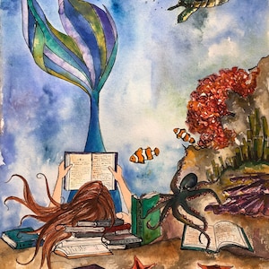 The Mermaid & the Octopus, Art Print, Reading, Illustration, Watercolor, Mixed Media Giclee Art Print