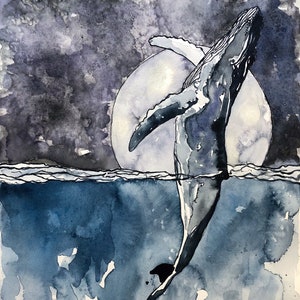 The Whale & the Moon, humpback whale, Art Print, Illustration, Watercolor, Mixed Media Giclee Art Print