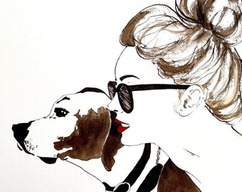 Original Pen & Ink - La Femme et Son Chien (A Woman with Her Dog), Illustration, Pen and ink with Acrylic 11x14