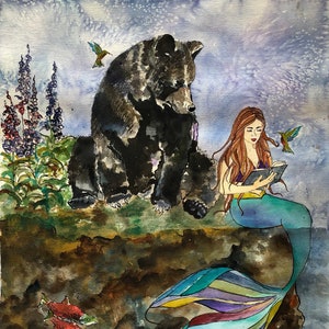 The Mermaid & the Bear, Art Print, Reading, Illustration, Watercolor, Mixed Media Giclee Art Print