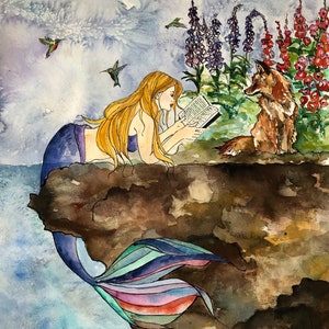 The Mermaid & the Fox, Art Print, Reading, Illustration, Watercolor, Mixed Media Giclee Art Print