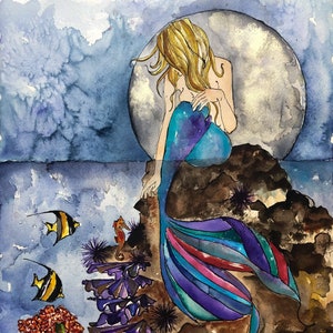 The Mermaid & the Seahorse Art Print, Reading, Illustration, Watercolor, Mixed Media Giclee Art Print