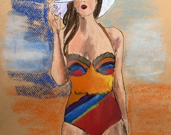 Original Pastel and Ink Beach Babe, Illustration, pastel and ink mixed media on tinted paper 11x14