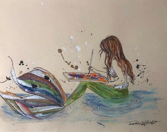 Original Painting Mermaid, Artist, Illustration, pastel and ink mixed media on tinted paper 11x14