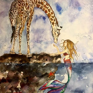 The Mermaid & the Giraffe, Illustration, Watercolor, Mixed Media Giclee Art Print