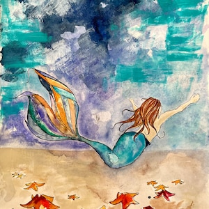 The Mermaid & the Stars, Art Print, Reading, Illustration, Watercolor, Mixed Media Giclee Art Print