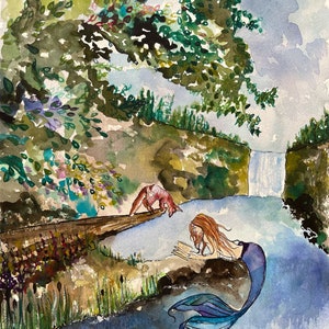 The Mermaid & the Northwest Fox, Art Print, Reading, Illustration, Watercolor, Mixed Media Giclee Art Print