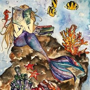 The Mermaid & Her Books, Art Print, Reading, Illustration, Watercolor, Mixed Media Giclee Art Print