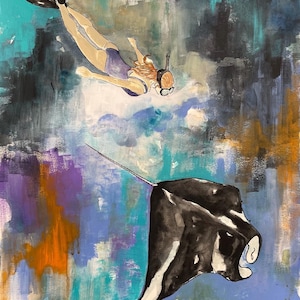 Into the Deep: Dive with Giant Manta Ray II Art Print, Illustration, Watercolor, Mixed Media Giclee Art Print