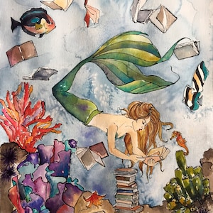 The Mermaid & the Seahorse, Books, Reading, Illustration, Watercolor, Mixed Media Giclee Art Print
