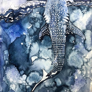 Into the Blue Whale Shark Art Print, Illustration, Watercolor, Mixed Media Giclee Art Print