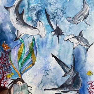 The Mermaid & the Sharks, Art Print, Reading, Illustration, Watercolor, Mixed Media Giclee Art Print