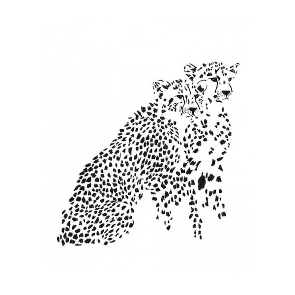 2 Cheetahs - Ink Sketch, Ink Drawing, Pen and Ink, Black and White, Fine Art Print, Giclee, Original Art, African, Spots, Animal Print