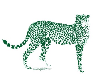 Emerald Green Cheetah - Ink Sketch, Ink Drawing, Pen and Ink, Black and White, Fine Art Print, Giclee, Original Art, Spots, Animal Print