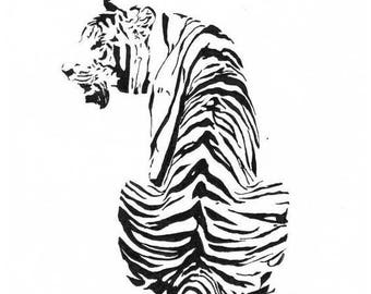 Sitting Tiger - Ink Sketch, Ink Drawing, Pen and Ink, Black and White, Fine Art Print, Giclee, Original Art, Animal, Cat