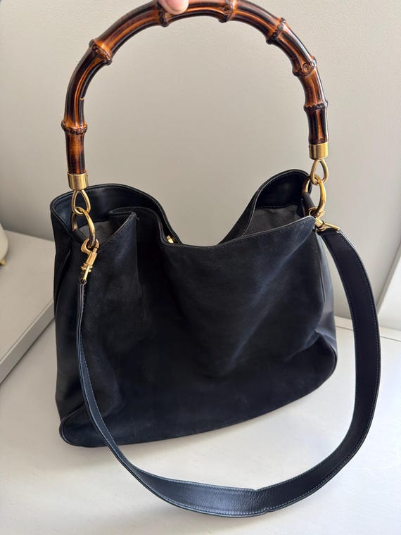 Vintage Gucci Bamboo Hobo Bag | Black Suede Tom Ford Era Purse