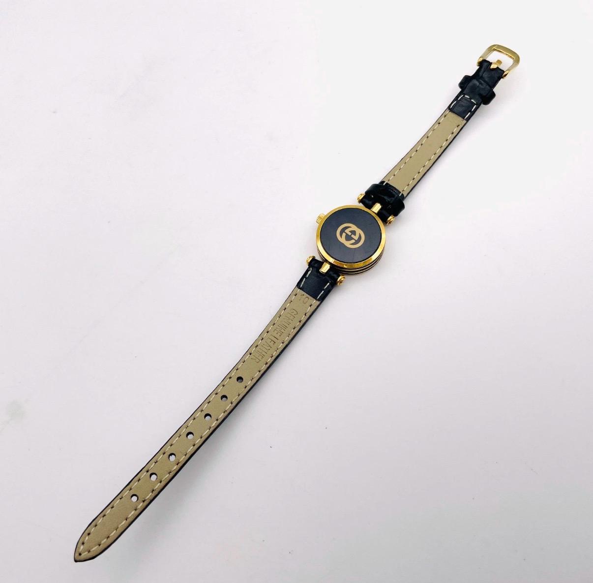 Vintage Gucci Womens Watch 22mm Black Dial Gold Tone Leather Swiss New Battery Vintage Gucci Swiss Made Ladies Watch – Black Dial, Gold  main image 3