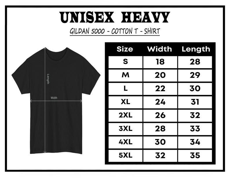 K&ouml;nnte beinhalten: Schwarzes Unisex-T-Shirt aus schwerer Baumwolle mit Gr&ouml;&szlig;entabelle. Die Tabelle zeigt Ma&szlig;e f&uuml;r die Gr&ouml;&szlig;en S bis 5XL, mit Breiten von 45,7 bis 81,3 cm und L&auml;ngen von 71,1 bis 88,9 cm. Gildan 5000.