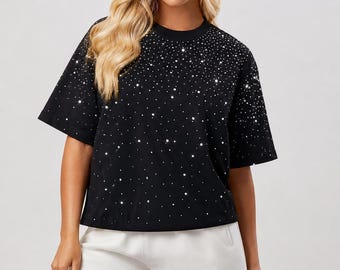 Starfall Rhinestone T-shirt – Unisex Oversized Black Hoodie with Stones
