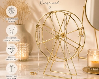Schmuckständer Golden Wheel – Goldener Riesenrad Schmuckhalter aus Metall, Organizer für Ringe Ketten Ohrringe, Deko Aufbewahrung modern