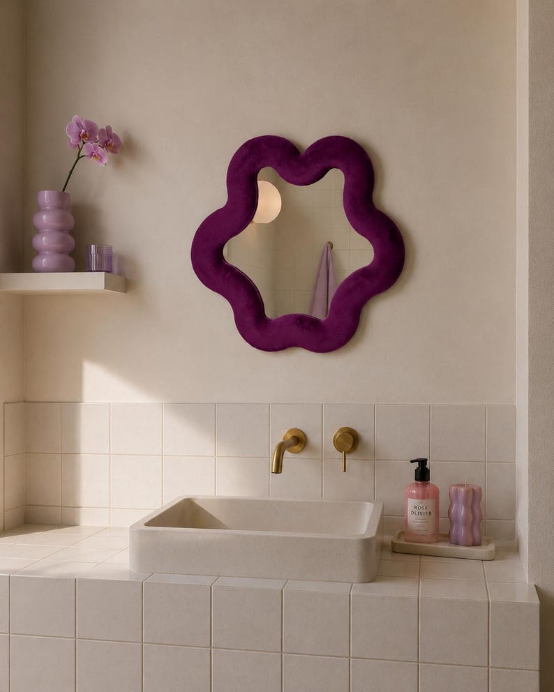 Soft Squiggly Mirror, Cloud, Moss Green, Velvet Mirror, 33 x 23 cm, Wavy Mirror, Wall Mirror, Biophilic Decor, Dopamine Decor, Colorful, Bathroom image 3