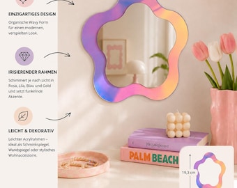 Floral design cosmetic mirror, Dopamine Decor acrylic decorative mirror, wavy iridescent makeup mirror, colorful glitter, pink vanity mirror
