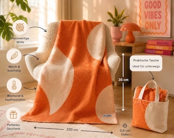Kuschelige Tagesdecke Rot oder Orange „Color Bubbles“ aus Wolle – Weiche Sofadecke, Großer Schal / Wrap, Boho Wohnaccessoire, Dopamin Decor