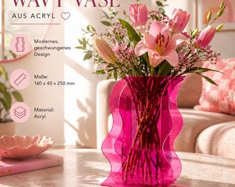 Moderne Acryl-Vase in Pink, Stilvolle Deko, Dopamin Decor, Disco, modern & bunt, geschwungene Wellen-Form, Tischdeko, eclectic funky decor
