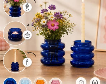 Glas-Kerzenhalter 3-in-1 Teelichthalter, Stabkerzenhalter & Mini-Vase – blau, orange, hellblau, rosa, eclectic decor, dopamin decor funky