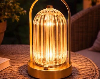 Retro Akku Tischlampe – Warmes Ambient Licht | Touch Dimmbar | Minimalistische Nachttisch Lampe für Vintage Schlafzimmer in gold