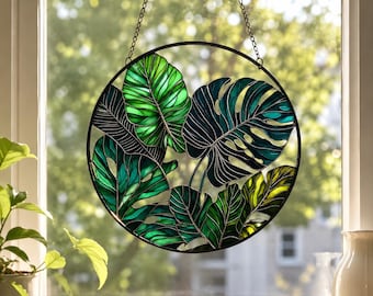 Sonnenfänger Boho Pflanzen, Buntglas Optik Fensterdeko, Monstera Suncatcher, Garten Balkon, Geschenk Pflanzen Fenster Deko, Dopamin Decor