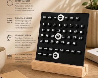 Schreibtischkalender schwarz, Retro Kalender mit Schieberingen für Zuhause & Büro, Vintage Planer Home Office, Deko Tisch Holz, 2027 2026