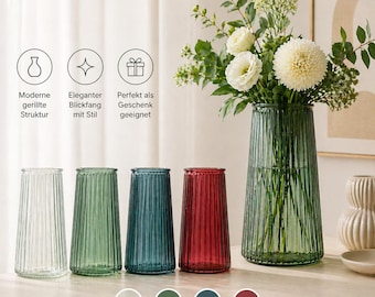 Vase aus Glas mit Rillenstruktur in bunten Farben - große Standvase für Blumen und Trockenblumen - Deko für Wohnzimmer, Küche oder Esszimmer